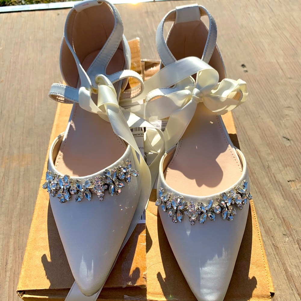 Kaileep Satin Ivory Rhinestone Pointy Toe Flats Wedding Shoes